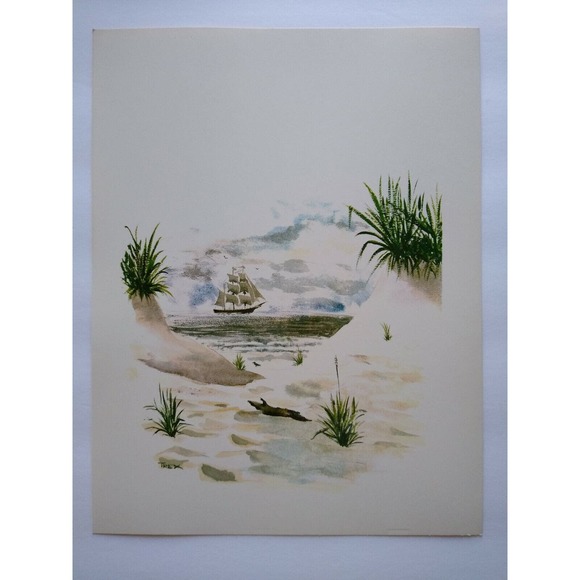 Pirate Ship Art Print Distant Beach Sand Dune Seaside Seascape T Rex Nautical - Picture 5 of 8